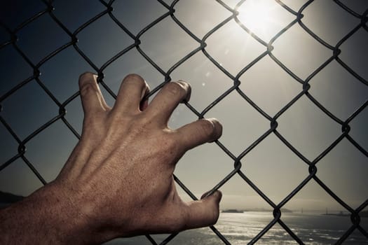 Prisoner clinging to a chainlink fence