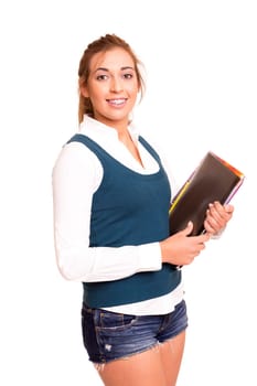 Happy teenager wearing braces, posing isolated over a white background