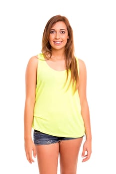 Happy teenager wearing braces, posing isolated over a white background