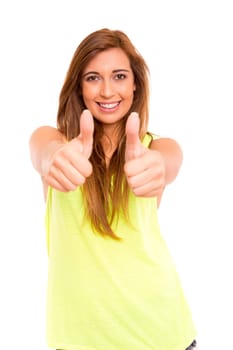 Happy teenager wearing braces, posing isolated over a white background