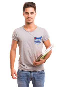 Young happy student posing isolated over white background