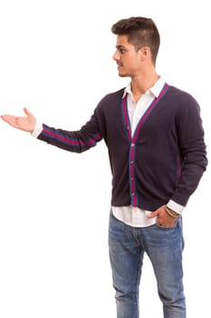 Young man presenting your product, isolated over a white background