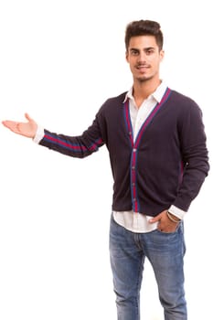 Young man presenting your product, isolated over a white background