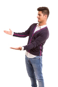 Young man presenting your product, isolated over a white background