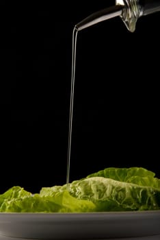 Olive oil being poured over cabbage leaves