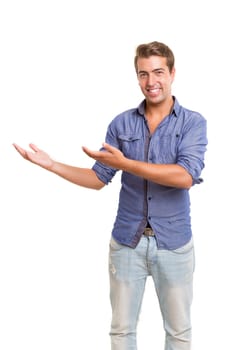 Young man presenting your product, isolated over a white background