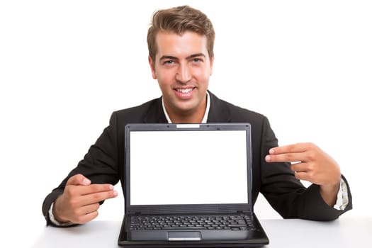 Young man presenting your product in a laptop computer