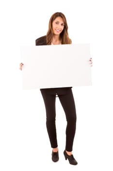 Beautiful young woman holding a white card - isolated over white
