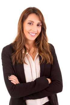 Beautiful young business woman posing isolated over white