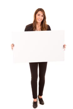 Beautiful young woman holding a white card - isolated over white