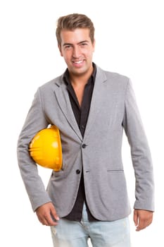 Handsome young engineer posing isolated over white background