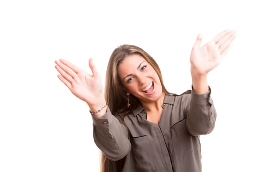 Young woman making framing key gesture - isolated over white
