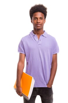 Young african student posing isolated over a white background