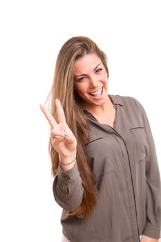 Beautiful young woman signaling ok, isolated over white