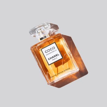 Coco Chanel perfume bottle on a uniform gray background. 2020-07-05 Samara.