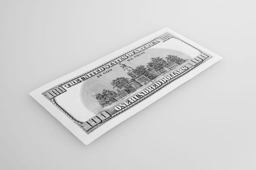 One hundred dollar cash bill on a light background. Layout, mockup, place for lettering and logo.