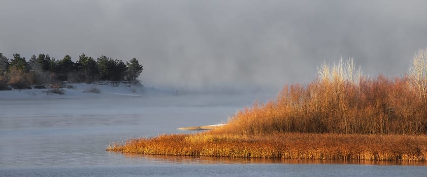 Winter frosty fog on an unfrozen river. Green Christmas trees and grass on the banks. Landscape nature.
