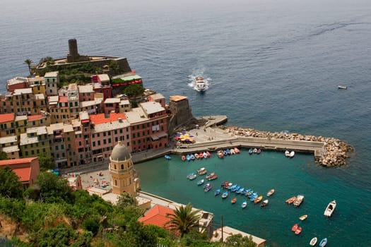 High angle view of a town at a seaside, Doria Castle, Italian Riviera, Cinque Terre National Park, Vernazza, La Spezia, Liguria, Italy
