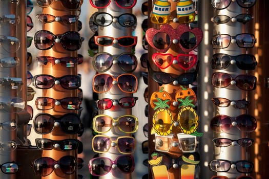 Sunglasses and eyeglasses at a market stall, Santa Monica, Los Angeles County, California, USA