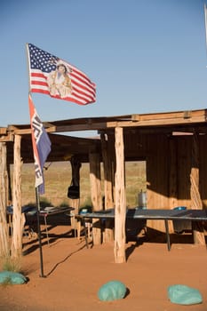 American flag in front of a restaurant, Monument Valley Tribal Park, Arizona_Utah, USA