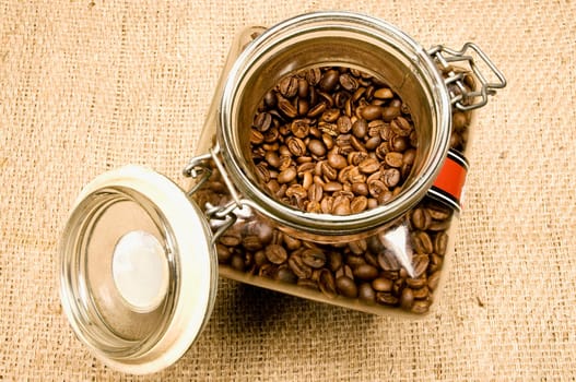 High angle view of coffee beans in a jar