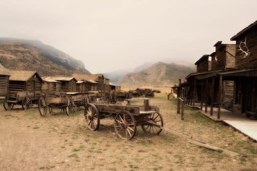 Abandoned horse carts in a town, Old Trail Town, Cody, Wyoming, USA
