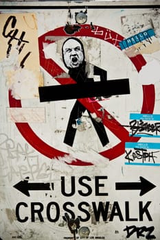 Close_up of a No Pedestrian sign on a wall, Hollywood, Los Angeles, California, USA