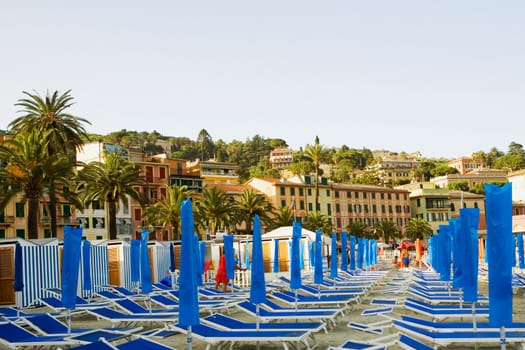 Lounge chairs on the beach, Italian Riviera, Santa Margherita Ligure, Genoa, Liguria, Italy
