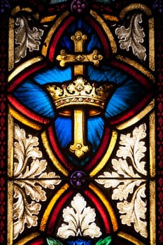 Details of a stained glass in a church, St. MaryŽs Cathedral, Chinatown, San Francisco, California, USA