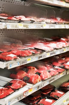 Red meat packets in a supermarket