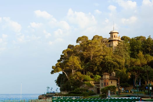 Building surrounded by trees, Italian Riviera, Santa Margherita Ligure, Mar Ligure, Genoa, Liguria, Italy