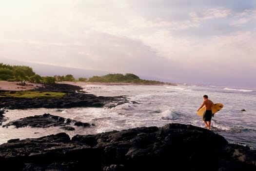Man carrying surfboard on the coast, Hawaii, USA