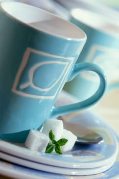 Close_up of a tea cup and saucers with sugar cubes