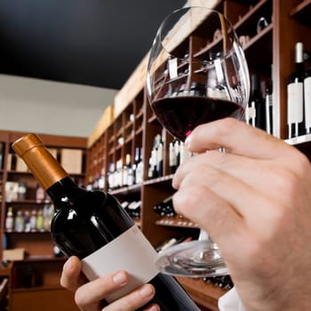 ManŽs hand holding a wine glass and a wine bottle