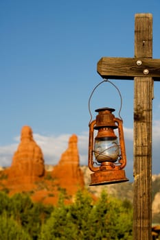 Lantern hanging on a wooden post, Sedona, Arizona, USA