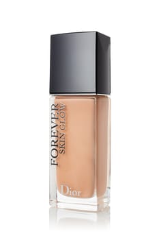 St.Petersburg, Russia - March 2020 - Bottle of Dior Forever Scin Glow on white background. Product  from Christian Dior