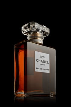 St.Petersburg, Russia - March 2020 - Bottle of perfume Chanel № 5 on black background. Product  from Coco Chanel