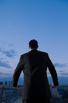 Rear view of a businessman holding a railing