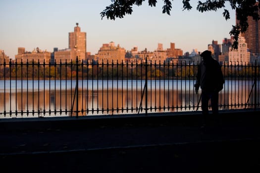 Silhouette of a man walking near a railing with buildings in the background, Central Park, Manhattan, New York City, New York State, USA