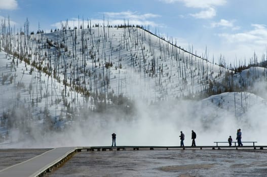 Tourists at a hot spring, Grand Prismatic Spring, Yellowstone National Park, Wyoming, USA