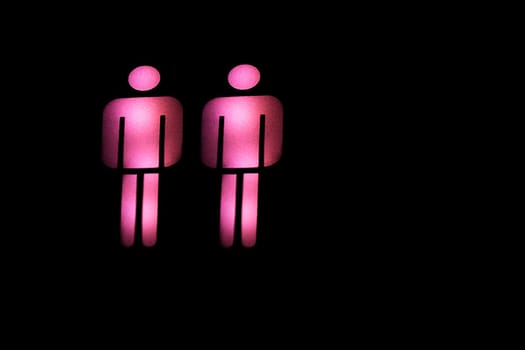Close_up of illuminated male and female toilet signs in an airplane