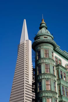 Low angle view of skyscrapers, Columbus Tower, Transamerica Pyramid, San Francisco, California, USA