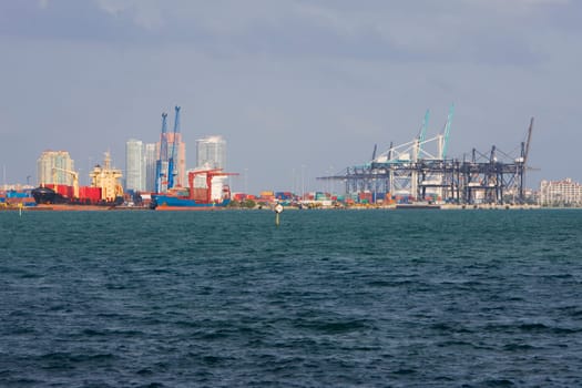 Cranes at a commercial dock, Port Of Miami_Dade, Biscayne Bay, Miami, Miami_Dade County, Florida, USA