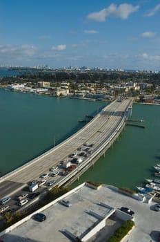 High angle view of traffic on a bridge, John F. Kennedy Causeway, Miami, Florida, USA