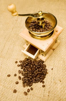 High angle view of a coffee grinder with coffee beans