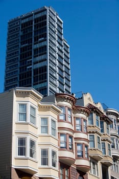 Low angle view of Victorian style houses, San Francisco, California, USA