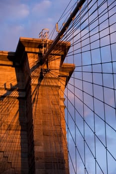 Architectural detail of a suspension bridge, Brooklyn Bridge, New York City, New York State, USA