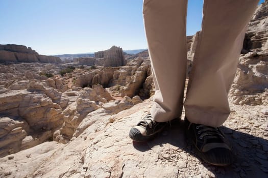Low section view of a hiker standing on a rock