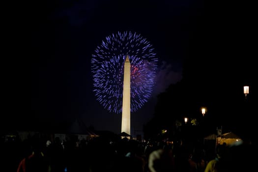 Low angle view of an obelisk lit up at night, Washington Monument, Washington DC, USA