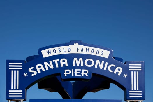 Low angle view of a signboard, Santa Monica Pier, Santa Monica, Los Angeles County, California, USA